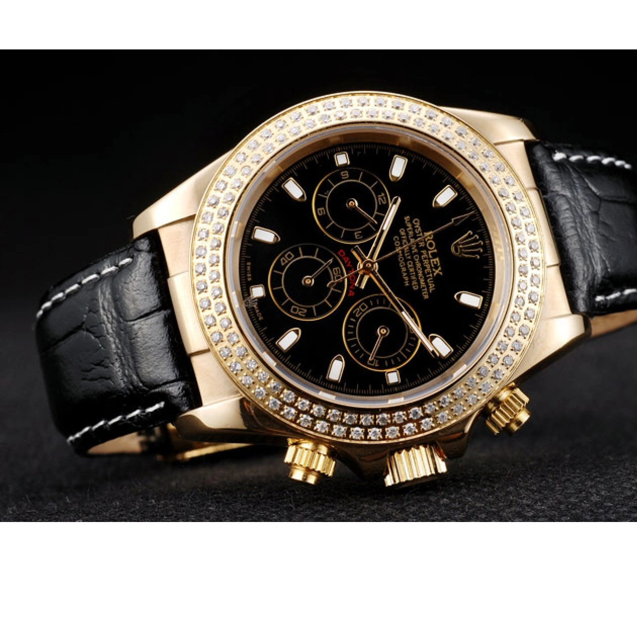 Black Gold Bezel Daytona Crystal Rolex Dial Studded Case 1013